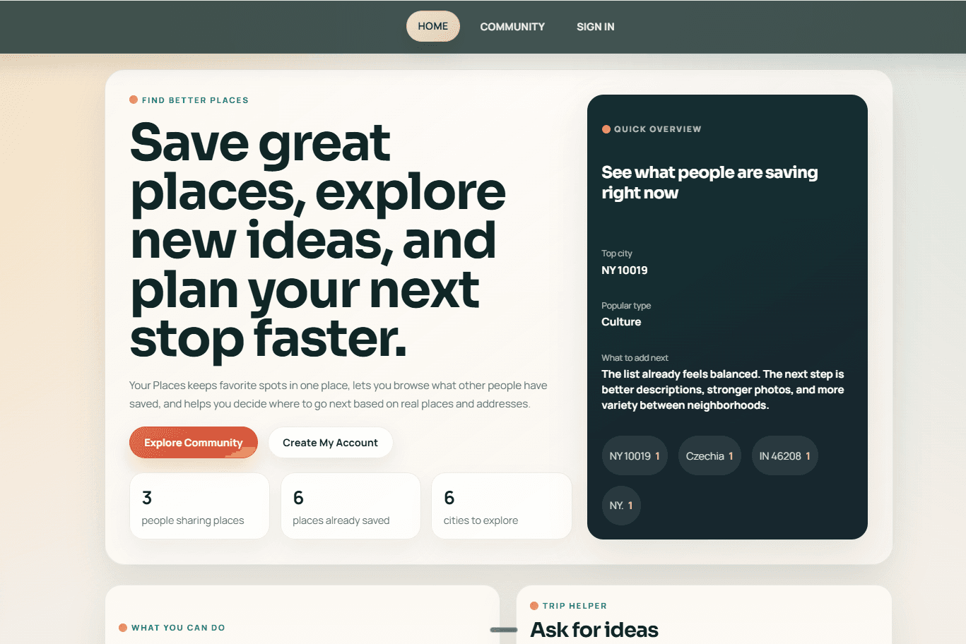 Home page with featured places and assistant