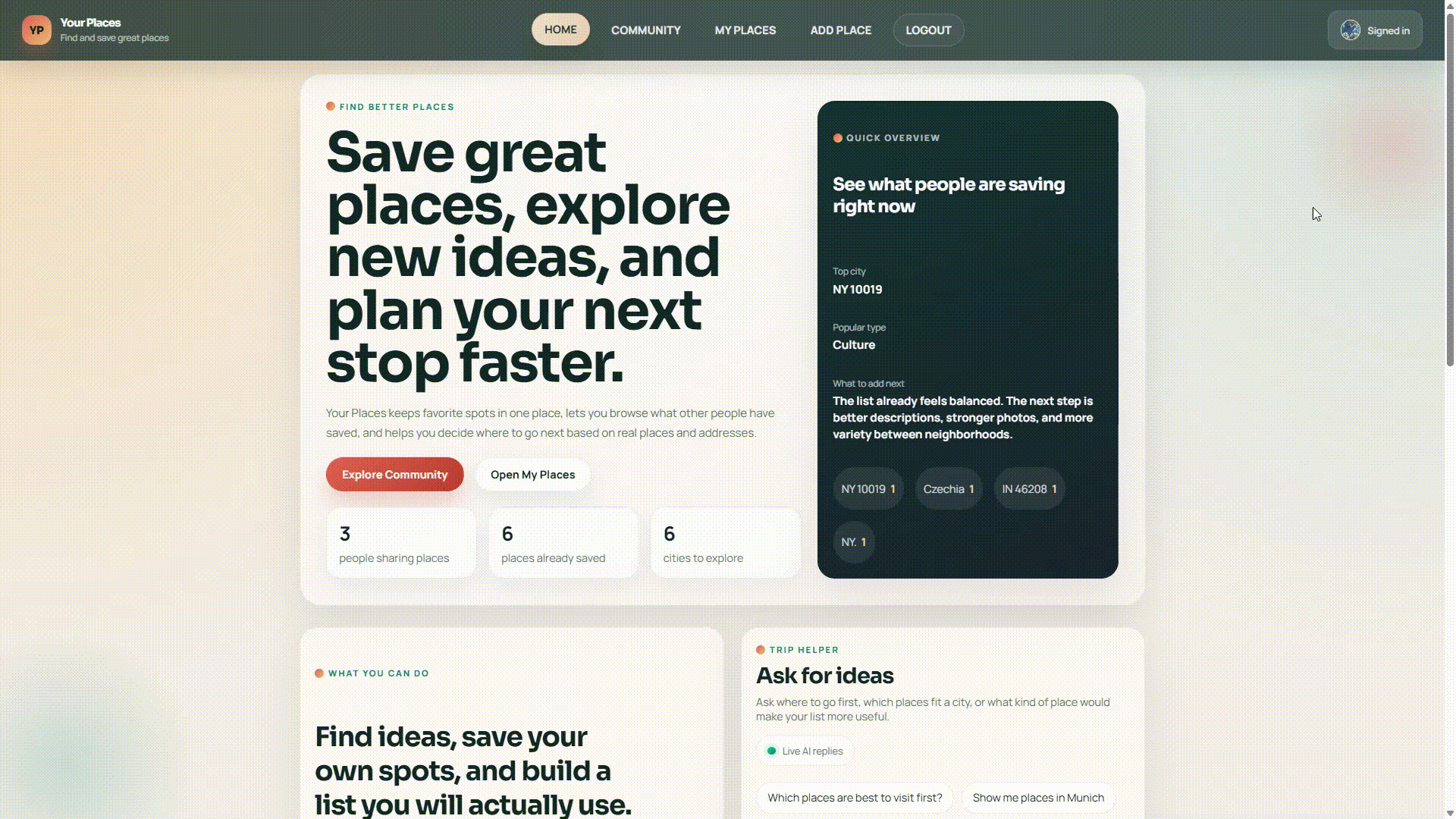 Animated walkthrough of the landing page and discovery flow
