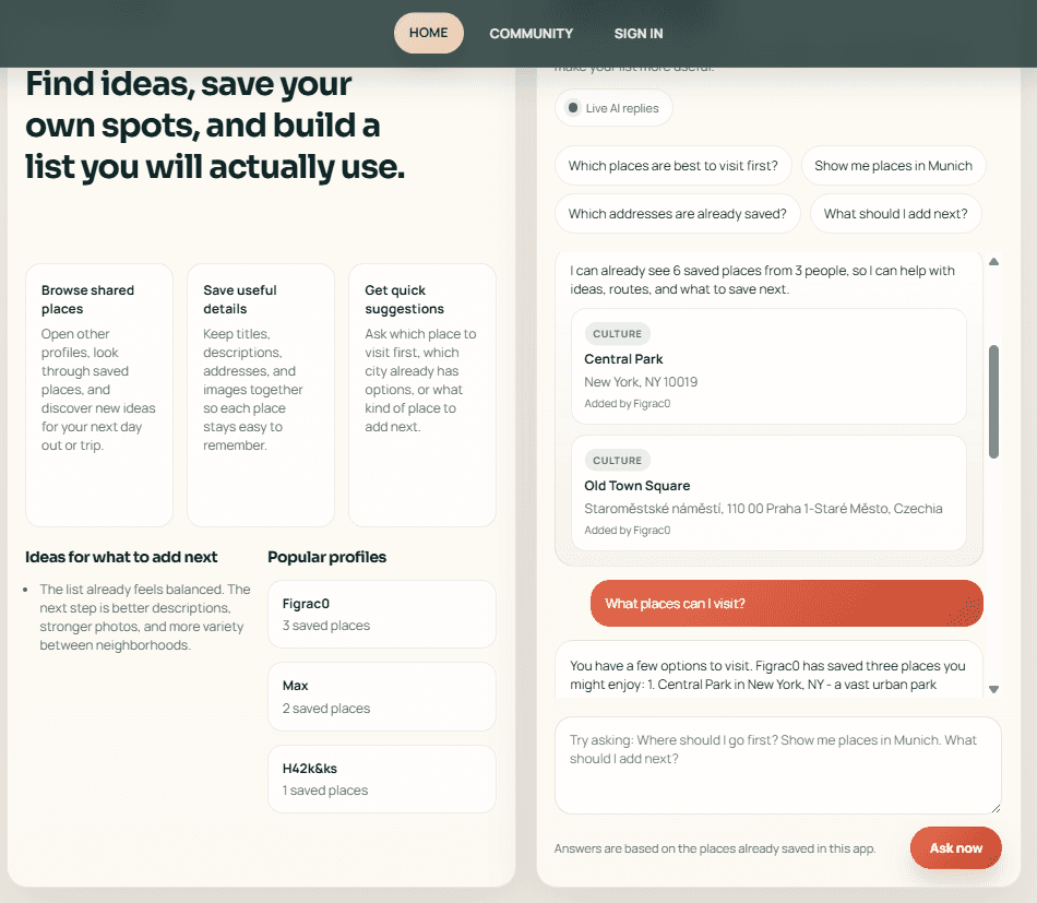 Community directory and saved places view