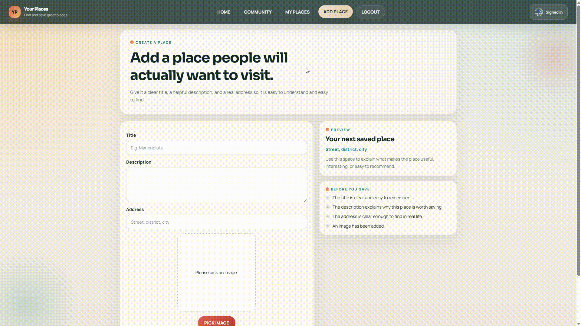 Animated walkthrough of account, collection, and place management flow