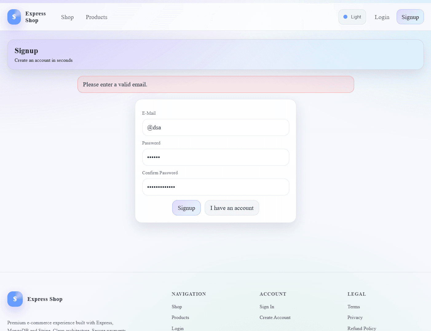 Signup – validation feedback