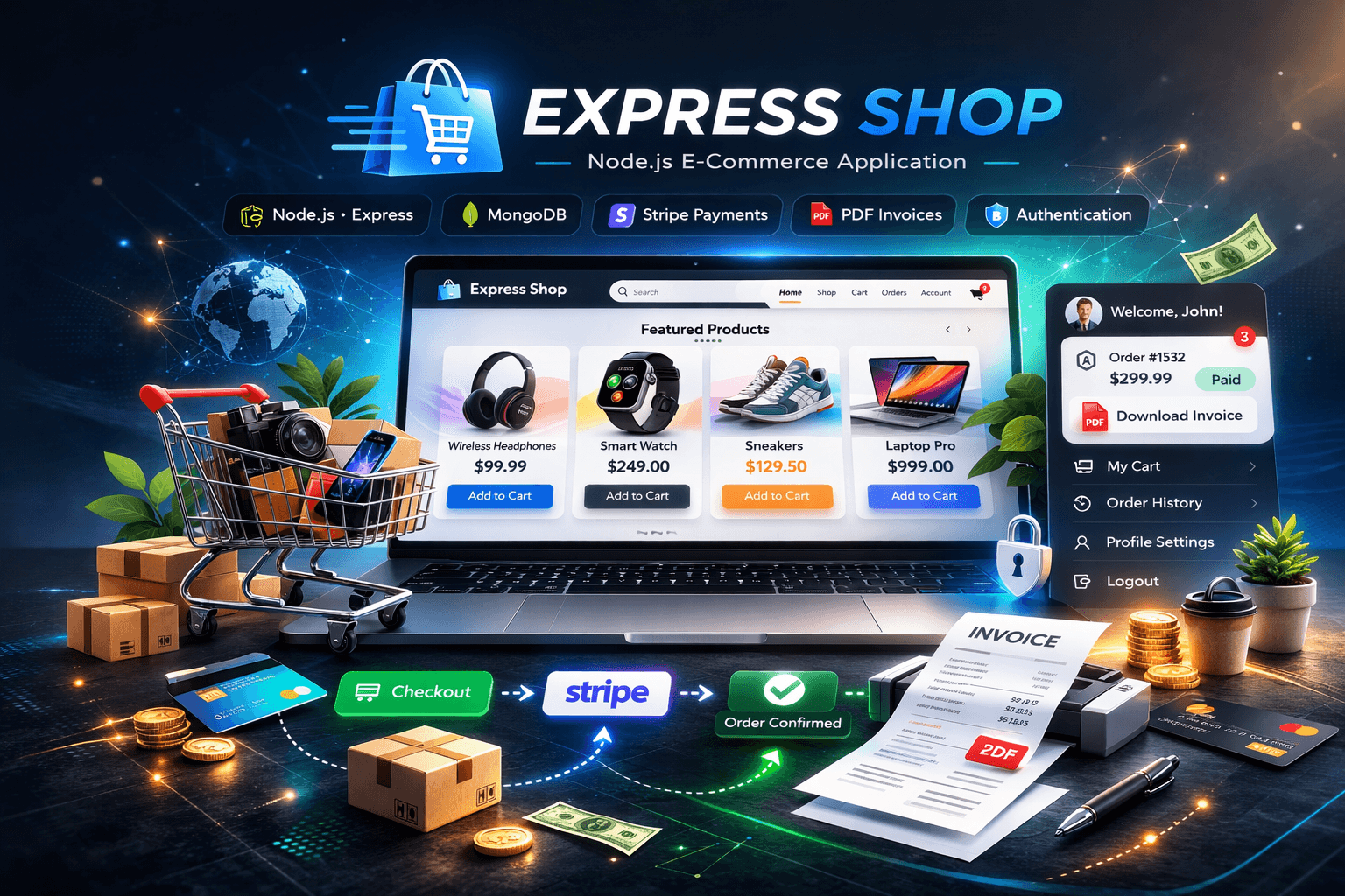 Express Shop β Node.js E-Commerce (MVC, MongoDB, Stripe, PDF Invoices)